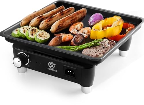 SUPERLEX Elektrogrill 2000W Kontaktgrill Tischgrill elektrisch mit Graphen Schnellaufheizung Große 27 x 27cm für Balkon Innen und Außen Antihaft Tragbar Grillplatte Elektrisch Schwarz