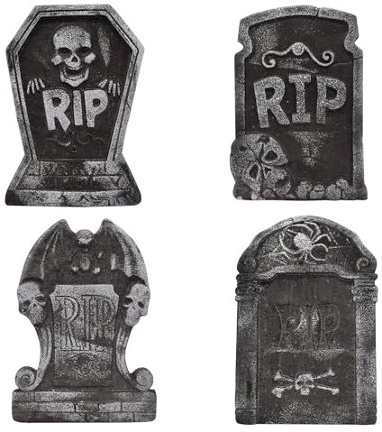 POPOYU 4 Pack Halloween Foam Grave Stones,Outdoor Halloween RIP Garden Gravestones Decorations,Vintage Graveyard Large Tombstones Yard Sign Headstone for Halloween.Indoor Outdoor Decoration