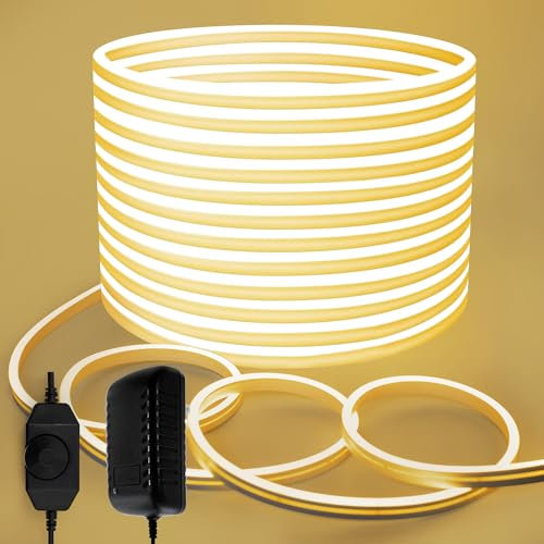 ELOUYCKE Neon LED Strip 10M Dimmbar, Warmweiss LED Streifen, Wasserdichte Neon Light, Silikon DIY Flexibler Lichtband für Schlafzimmer Innen Außenbereich Deko(Inklusive Adapter)