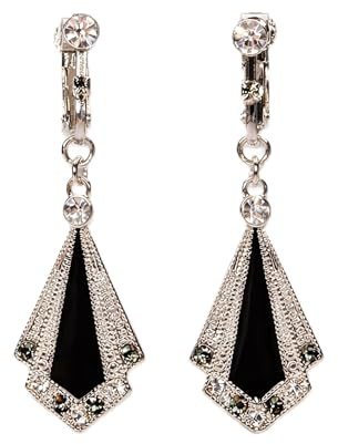 Lovett & Co - Black Long Drop Clip On Earrings Women - 1920s Art Deco Earrings Hand Painted with Enamel - Nickel Free Crystal Drop Earrings & Vintage Jewellery Gifts for Women