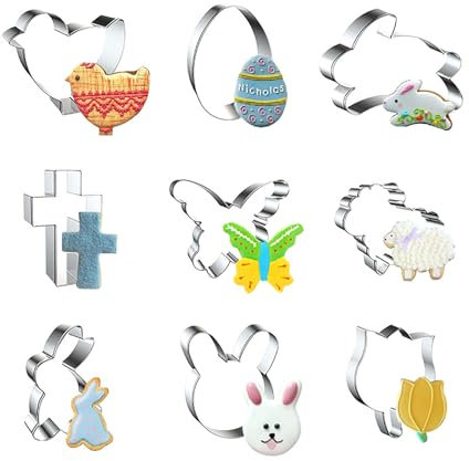 WDYJMALL Juego de 9 cortadores de galletas de Pascua, diseño de gallina, huevo, conejo, cruz, mariposa, cordero, oveja, conejo, tulipán, flor, A
