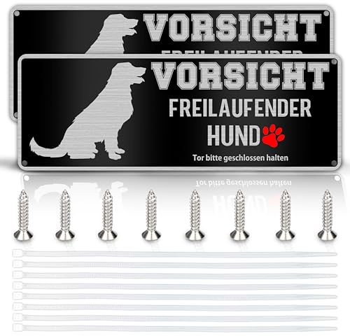 Yezirzax Vorsicht Freilaufender Hund, 2 Stück 25x10cm Achtung Hund Schild, Vorsicht Bissiger Hund Schild Warnschild Hund Aluminium mit Selbstklebend und Vorgebohrten Löchern (Schwarz)