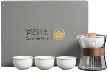 Colcolo Travel Tea Set Tea Kettle with Teacups Automatic 360° Rotating Loose Leaf Tea Maker Glass Tea Pot for Home Camping Car Trips, White