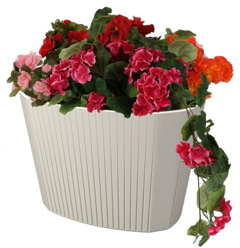 botle Pot de fleurs avec grand insert - Couleur crème - Ovale - 59,5 x 39 cm - Hauteur : 41 cm - Surface rainurée - Plastique mat - Moderne - Glamour - Pour terrasse, jardin, balcon