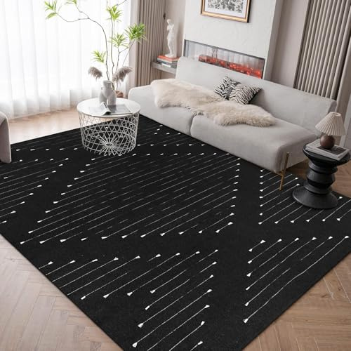 LONGSAO Kurzflor Wohnzimmer Teppich 70 x 140 cm Schlafzimmer Teppich Rutschfester Teppich Sofakissen Moderne Schlichte Linien schwarz