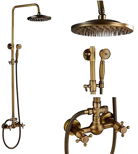 Messing Antik Duscharmatur Set Porzellan Keramik Duschsäule Schwenkbar Drehbar Badewanne Auslauf Doppelknöpfe Mischbatterie Bad Dusche Kit, Antik Messing