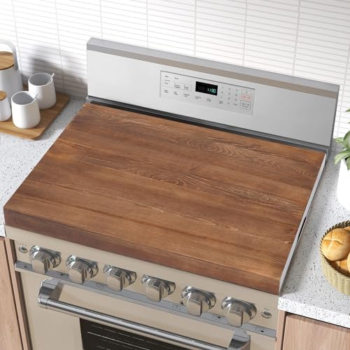 Noodle Board Stove Covers with Handles, Wood Stove Top Covers for Electric Stove Gas Stove, 29.5 x 22 Inch Wooden Decorative Rustic Kitchen Serving Tray for Range Stovetop Cooktop (Walnut Color)
