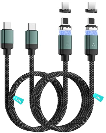 100W USB C Kabel Ladekabel Magnet, 2 Stück 4/6.6FT | 5A Type-C Kabel Schnellladung, 2 in 1 Ladekabel, 480Mbps Datenübertragung