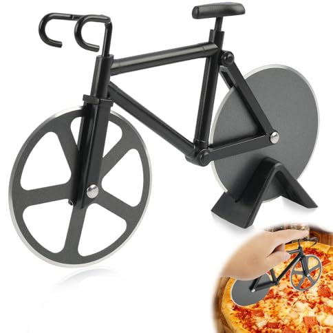 Fahrrad Pizzaschneider, Edelstahl Pizzaschneider mit Antihaftbeschichtung, Praktisches Design, Neuheit, Lustige Küchenutensilien, 19 cm, Schwarz