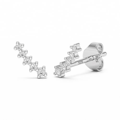 Heather Needham Silver Cubic Zirconia Ear Climber Earrings in Rhodium Plated Sterling Silver, 6mm, Hypoallergenic, Gift Boxed 633