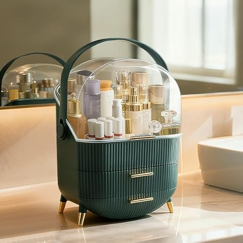 ilus Makeup Storage Organizer with Drawers, Cosmetics Storage Box with Transparent Cover & Handle – Large Capacity, Portable Skincare Storage for Vanity, Bathroom & Countertop (Dark Green)
