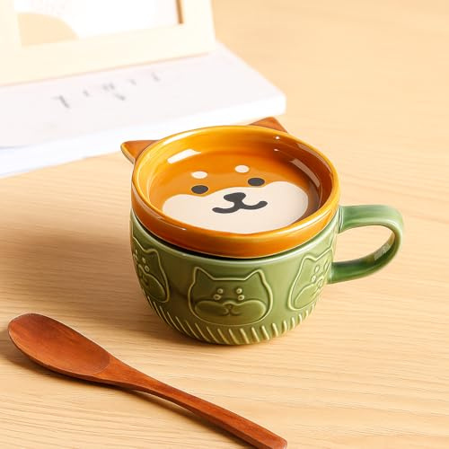 Taza japón ceramica kawaii animal con tapa y orejas diseño gato perro panda erizo 300ml individual regalo original mujer hombre cafe te desayuno adorable matcha té (PERRO SHIBA)