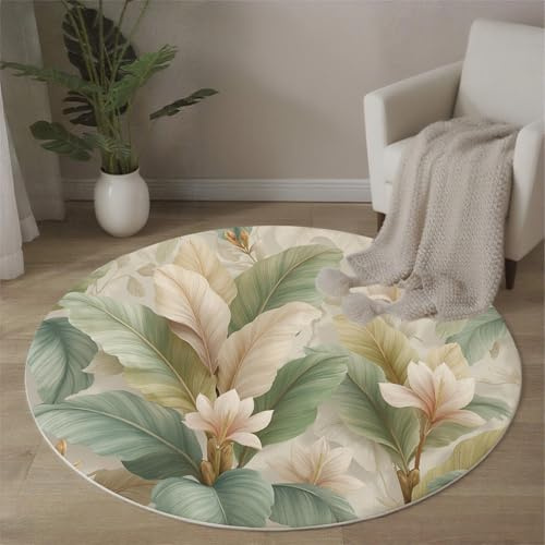 MLSOWM Tappeto Rotondo da 160cm Tappeto Pelo Corto Grandi Foglie Di Banano Tappetini Stile Retrò Antiscivolo, Lavabile in Lavatrice per Soggiorno, Camera da Letto, Cameretta dei Bambini, Verde Chiaro