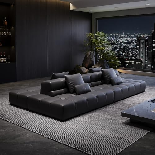 Italiensk lyxig och enkel stil i svart dubbelsidig lädersoffa, rymlig och mjuk soffa med massiv träram, modern stor storlek, lämplig för vardagsrum/kontor/lägenhet.