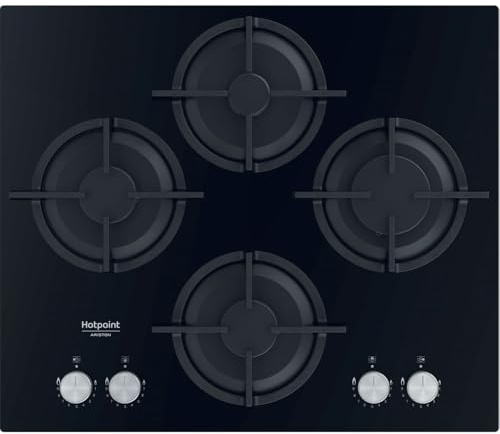 Hotpoint - QS61S/BK Plaque Gaz 4 Foyers en Verre Noir - Encastrable, Puissance 7300W - Commandes Frontales - Sécurité Gaz Intégrée - L 59,6 x H 5,1 x P 51 cm