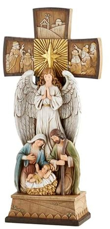 Avalon Gallery Christmas Figurines - Joseph Mary with Jesus and Angel Standing Cross Centerpiece Figurine, 14-Inch, Nativity Cross
