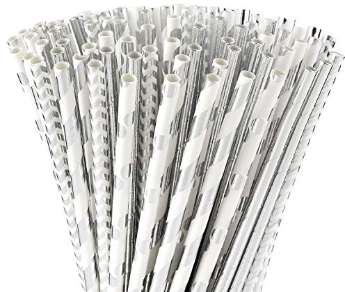 ALINK Foil Silver Paper Straws Bulk, Pack of 100 Metallic Striped/Wave/Dots Straws for Birthday, Wedding, Bridal/Baby Shower, Christmas Decorations and Party Supplies