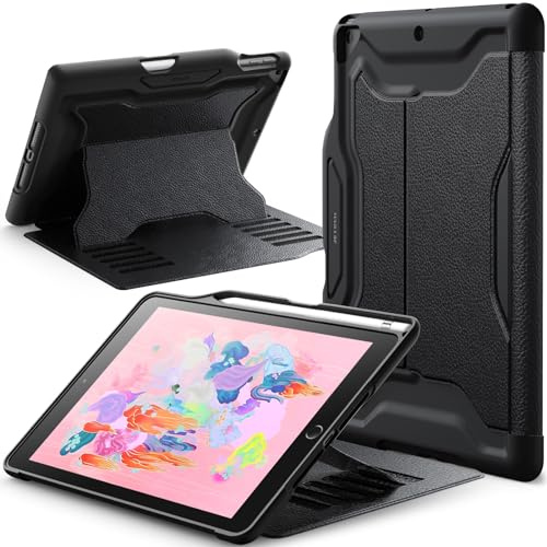 JETech Hülle für iPad 6./5. Gen 9,7 (2018/2017), Schwarz | Multi-Winkel Magnetständer, Stifthalter, Stoßschutz, Verstellbare Betrachtungswinkel
