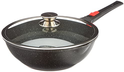 KAMBERG Manico Removibile, Fusione di Alluminio, Rivestimento Effetto Pietra, Coperchio in Vetro, Compatibile con Tutti i Piani Cottura, Incluso Quello a Induzione, Senza PFOA, Nero