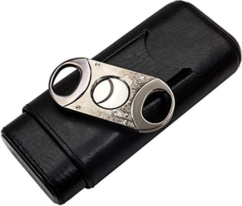 LUBINSKI 3-Loch Leder-Zigarre feuchtigkeitsspendende Reise Zigarren Zeder Holz Gezeichneter Zigarren-Humidor mit Zigarrenschneider Geschenk-Set mit schöner Verpackung (Schwarz)