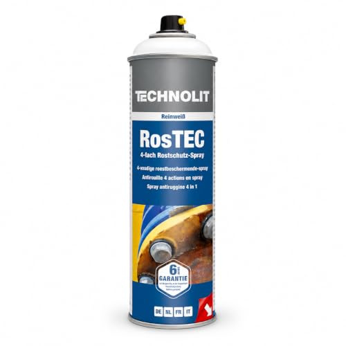 TECHNOLIT RosTEC Rostschutz Spray 500 ml Reinweiß | 4-in-1 Korrosionsschutz | Grundierung & Decklack reinweiß | LCI-Technologie | UV-beständig & Wetterfest | Für Metall, Holz, Stein & GFK | Innen & Außen
