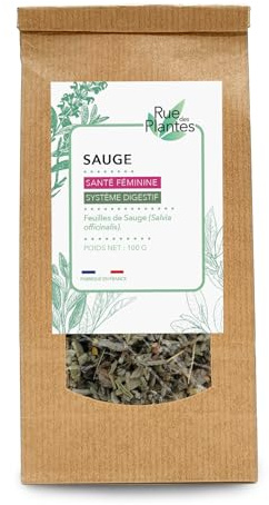 Sauge Feuilles Coupées 100 g – Plante pour Infusion Bien-Être | Favorise la Digestion, Contribue à l’Équilibre Féminin & Soutient les Défenses Naturelles | Conditionnée en France, RUE DES PLANTES