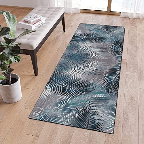 QQrunner Teppichläufer Flur rutschfest Küche 100x400cm Modern Blattmuster Blau Grau Teppich Läufer Flur Waschbar Meterware Lang Küchenteppich Schlafzimmer Korridor, Anpassbare Größe, 40-120cm Breit