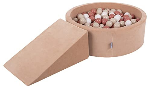 KiddyMoon Area di Gioco in Schiuma con Tondo Piscina di Palline per Bambini Piscina (200 Palline) + Cuneo, Rosa del Deserto: Beige Pastello/Salmone/Bianco