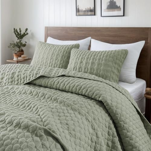 WDCOZY Übergroße California Cal King Size Quilt Bettwäsche-Sets mit Kissenbezügen, Salbeigrün, leicht, weich, Tagesdecke, Bettbezug, alle Jahreszeiten, Frühling, Sommer, 3-teilig, 294,6 x 269,2 cm