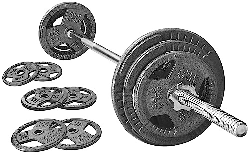 Signature Fitness Gusseisen Standard Hantelscheiben inkl. 1,5 m Standard-Hantel mit Sternverschlüssen, 20,4 kg Set (15,9 kg Scheiben + 4,5 kg Langhantel), mehrere Pakete, Style #5
