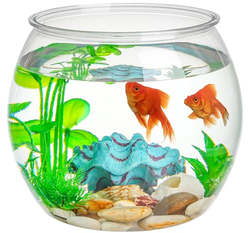 OATIPHO Bocal À Poisson Transparent Aquarium Rond en Plastique 9.65 in pour Poissons Rouges Betta Et Petites Tortues Facile À Nettoyer Décoration Maison Bureau