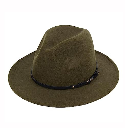 Upstore Women Classic Fedora Hat with Belt Buckle Felt Wide Brim Panama Hat (Army Green)