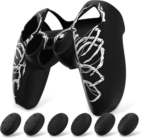 PlayVital Cover Controller per ps5, Custodia Compatibile con Base Ricarica | Copertura Protettiva Silicone Antiscivolo, 6 Copri Levette Analogiche per ps5 Joystick, Teschio Scolpito Bianco