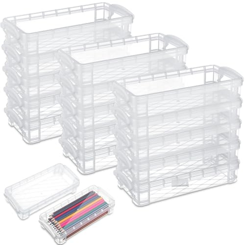 Gueevin 24 Pcs Large Capacity Plastic Pencil Box Clear Plastic Pencil Case Crayon Box with Snap Tight Lid Watercolor Pen Storage Brush Organizer Drawing Tools Container (White)