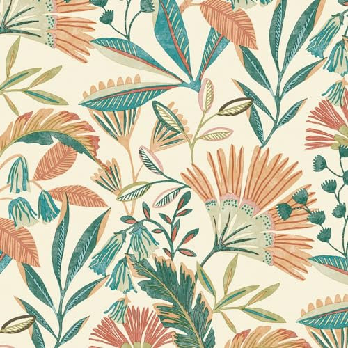 Vliestapete Dschungel Blumen Tropen Floral Weiß Orange Grün A63801