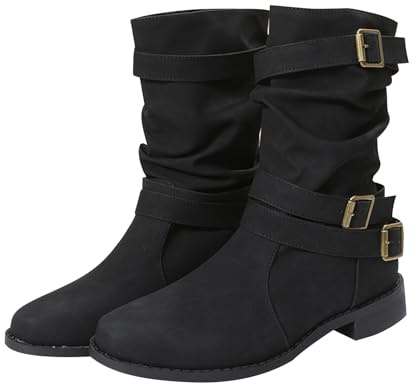 WOFANLULY Stivaletti alla caviglia da donna, alla moda, tacco grosso, fibbia regolabile, classici, Nero , 37 EU