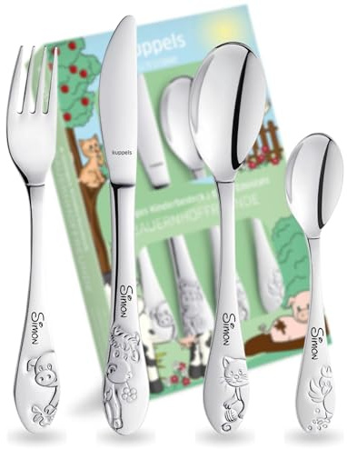 Kuppels Kinderbesteck mit Namensgravur – Kinder Besteck Set ab 3 Jahre, 4-teilig, Edelstahl, spülmaschinengeeignet – personalisiertes Taufgeschenk für Mädchen & Jungen, Bauernhoffreunde