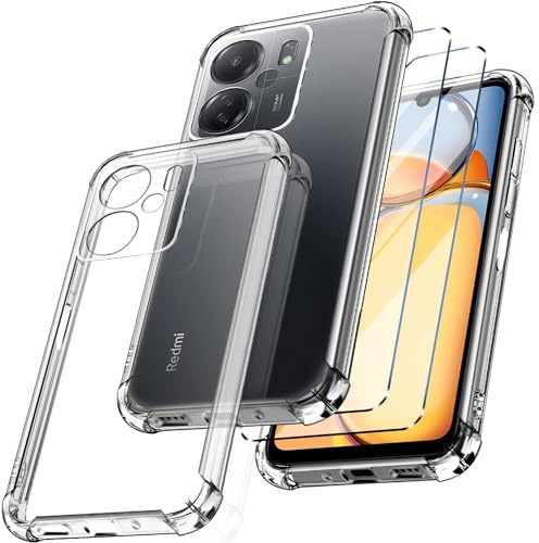 New&Teck - Funda para Xiaomi Redmi 13C / Poco C65 + 2 vidrio templado protector de pantalla, funda transparente de silicona TPU flexible, Bumper con esquinas reforzadas (transparente)