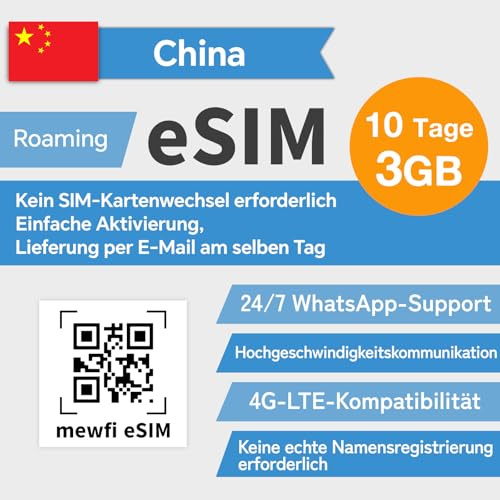 eSIM-Karte, China SIM-Karte 10 Tage 3 GB, Aktivierung erforderlich, für esim-kompatible Geräte, 4G-Hochgeschwindigkeitsnetz, Festland China SIM