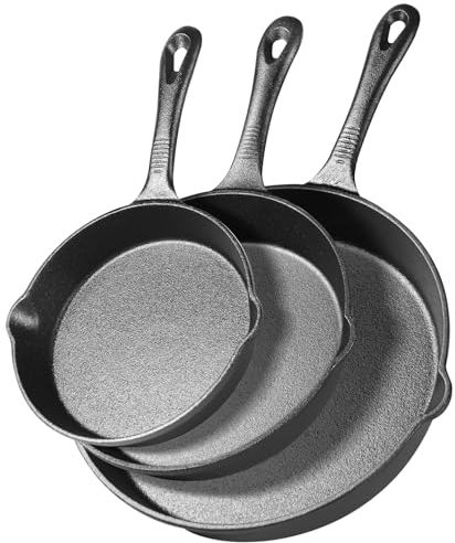 CherHome Sartenes de hierro fundido de 3 piezas, sartén de hierro fundido presazonada, juego de sartenes de hierro fundido incluye sartenes de 6.5, 8 y 10 pulgadas, ideal para usar en cualquier tipo