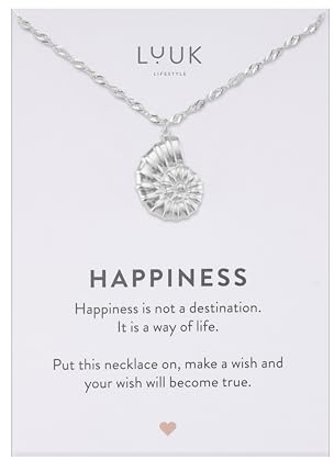 LUUK LIFESTYLE Collana con ciondolo Conchiglia e acciaio inossidabile (50 cm), con carta HAPPINESS, idea regali donna, lei, compleanno, portafortuna, gioielli semplice, mare, argento