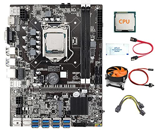 AMIUHOUN B75 8 GPU Mining Motherboard + CPU + Lüfter + Wärmeleitpaste + Stromkabel + Switch-Kabel 8X USB 3.0 auf PCIE LGA1155 DDR3 RAM SATA3.0