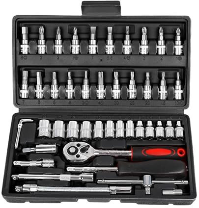 Deepboom Jeu de 46 clés à cliquet à Douille 1/4 avec Jeu de Douilles à Embouts métriques et Barre d'extension pour la réparation Automobile et la Maison avec étui de Rangement