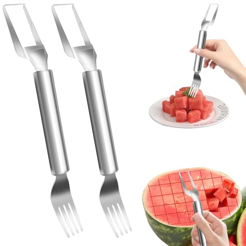 Cortador de frutas de acero inoxidable de 2 piezas, cortador de frutas 2 en 1 cortador de sandía, herramienta portátil para cortar tenedor de sandía, cortador multifunción de sandía inoxidable