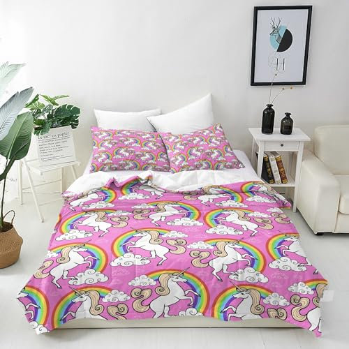ANHOPE Rosa Hintergrund Einhorn Wolke Bettwäsche Set 3 Teilig Bettbezug 200x200 cm & 2 Kissenbezug 80x80 cm Microfaser Bettbezüge mit Reißverschluss Weich Bettdeckenbezug Set für Kinder Mädchen