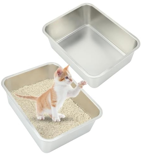 RANYPET Katzentoilette Edelstahl für Kätzchen 2 Stück, Edelstahl katzenklo für Katzen und Kaninchen, Katzenklo offen, Leicht zu Reinigen Niemals Gerüche, Fleckfrei, Rostfrei, Robuste(45×35×15cm)