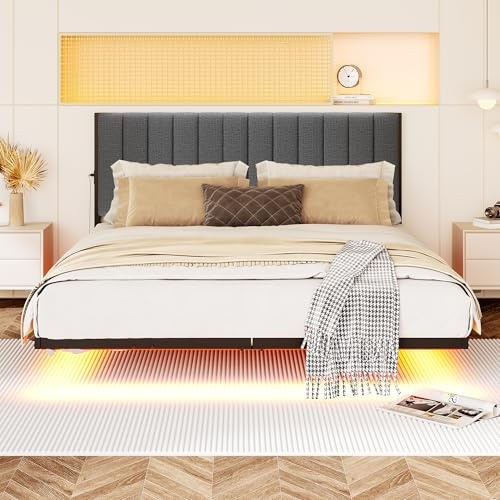 JUISSANO Floating Full Bed Frame with LED Lights & Charging Port,Metal Platform Bed Frame Full Size with Headboard,No Box Spring Needed,Easy to Assemblely,Noise Free,Heavy Duty Black Bed Frame