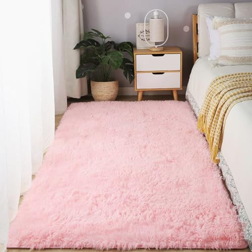 YUANWAN Teppich Wohnzimmer Schlafzimmer 60 x 140 cm Flauschig Weicher, Maschinenwaschbarer Weicher Teppich Heimdekoration Fellteppich Shaggy für Wohnzimmer, Schlafzimmer, Rosa