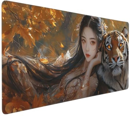 Gaming Mauspad XXL japanische Frau Mousepad 1000x500x4mm Tiger Verlängertes Mauspad Schreibtischauflage,Genähte Kanten Mauspad,Verbessert Präzision Geschwindigkeit Wasserdicht Geeignet für Büro,Spiele