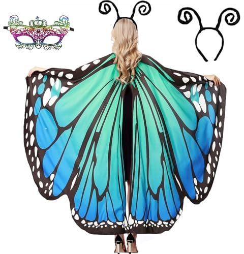 3 Stück Schmetterling Kostüm Damen, Schmetterling Karneval Kostüm Damen, Faschingskostüme Damen mit Schmetterling Umhang Spitzenmaske Haarreif, Fee Kostüm Damen für Karneval Fasching Mottoparty (A)